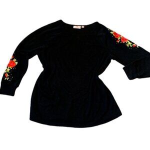 Quacker Factory Top Embroidered Roses  Rhinestones Sz L Black #20A